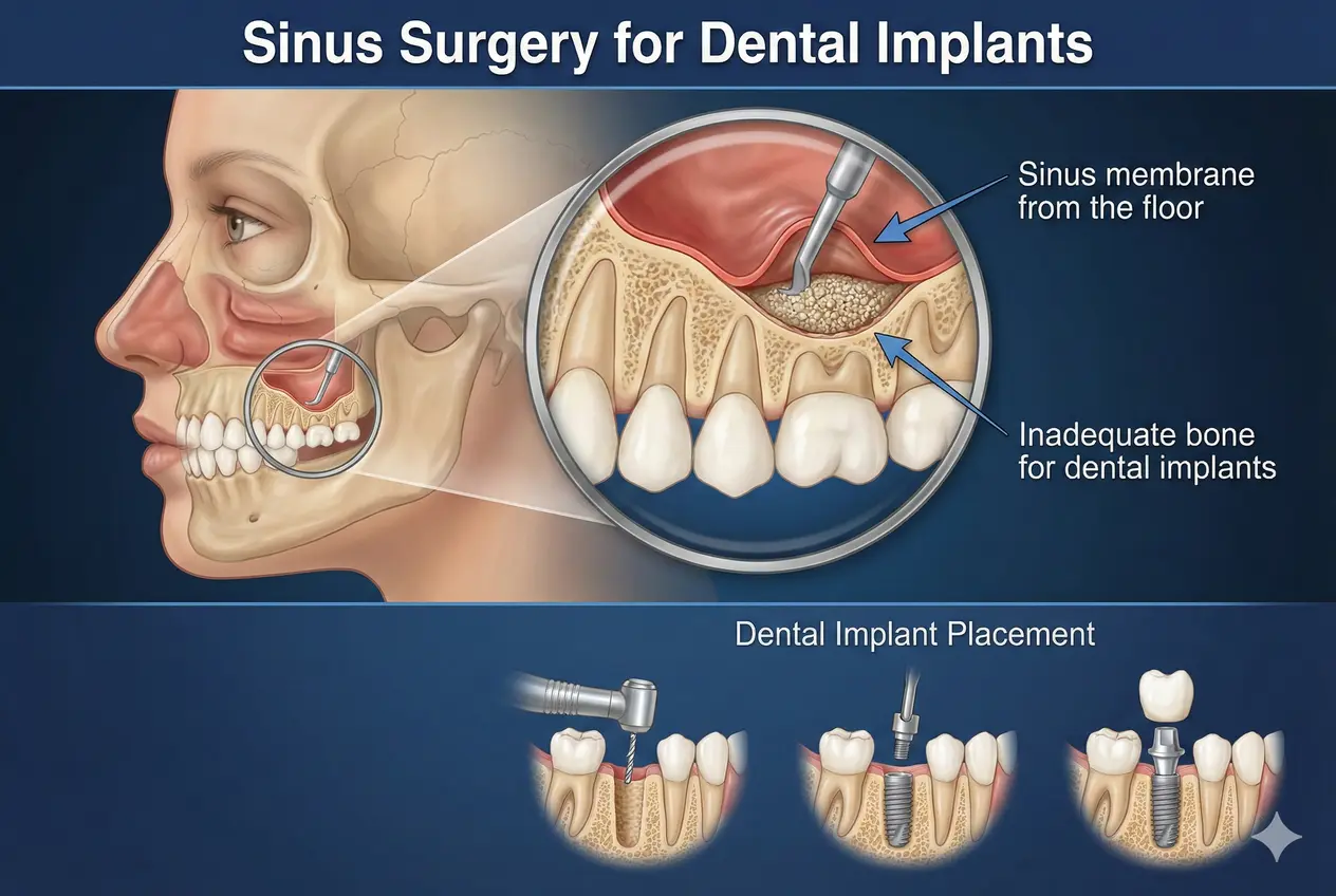 Diagram showing the Sinus Surgery (Sinus Lift) procedure for dental implants. It illustrates how the sinus membrane is lifted and bone graft material is placed to correct inadequate bone volume in the upper jaw.