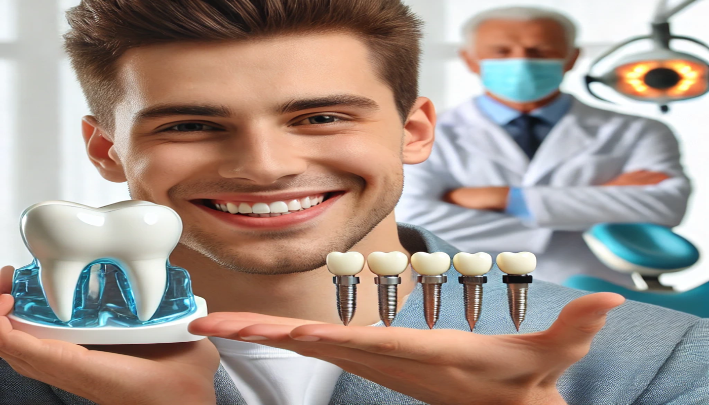 smiling patient showcasing their new dental implants in a bright, modern dental clinic. The background includes a dentist holding a model of dental implants, emphasizing professionalism and trust.