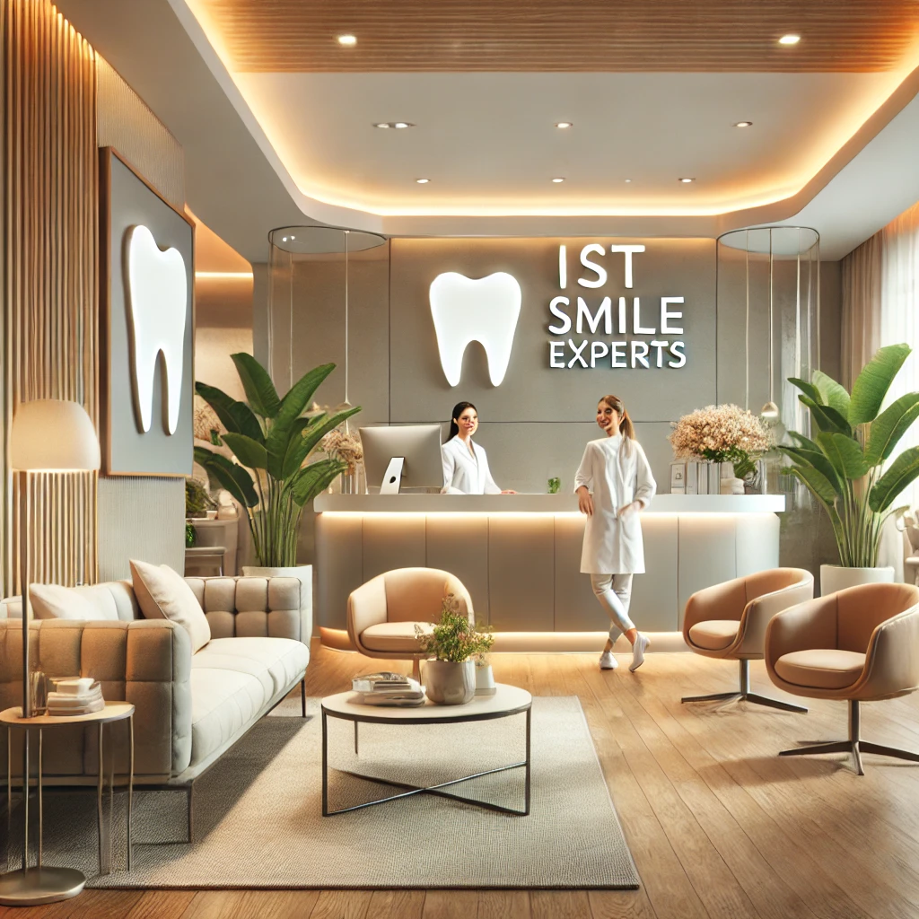 Modern dental clinic interior with a welcoming reception area, featuring comfortable seating, a sleek desk with friendly staff, calming decor in soft tones, and a sign displaying 'IST Smile Experts' in the background