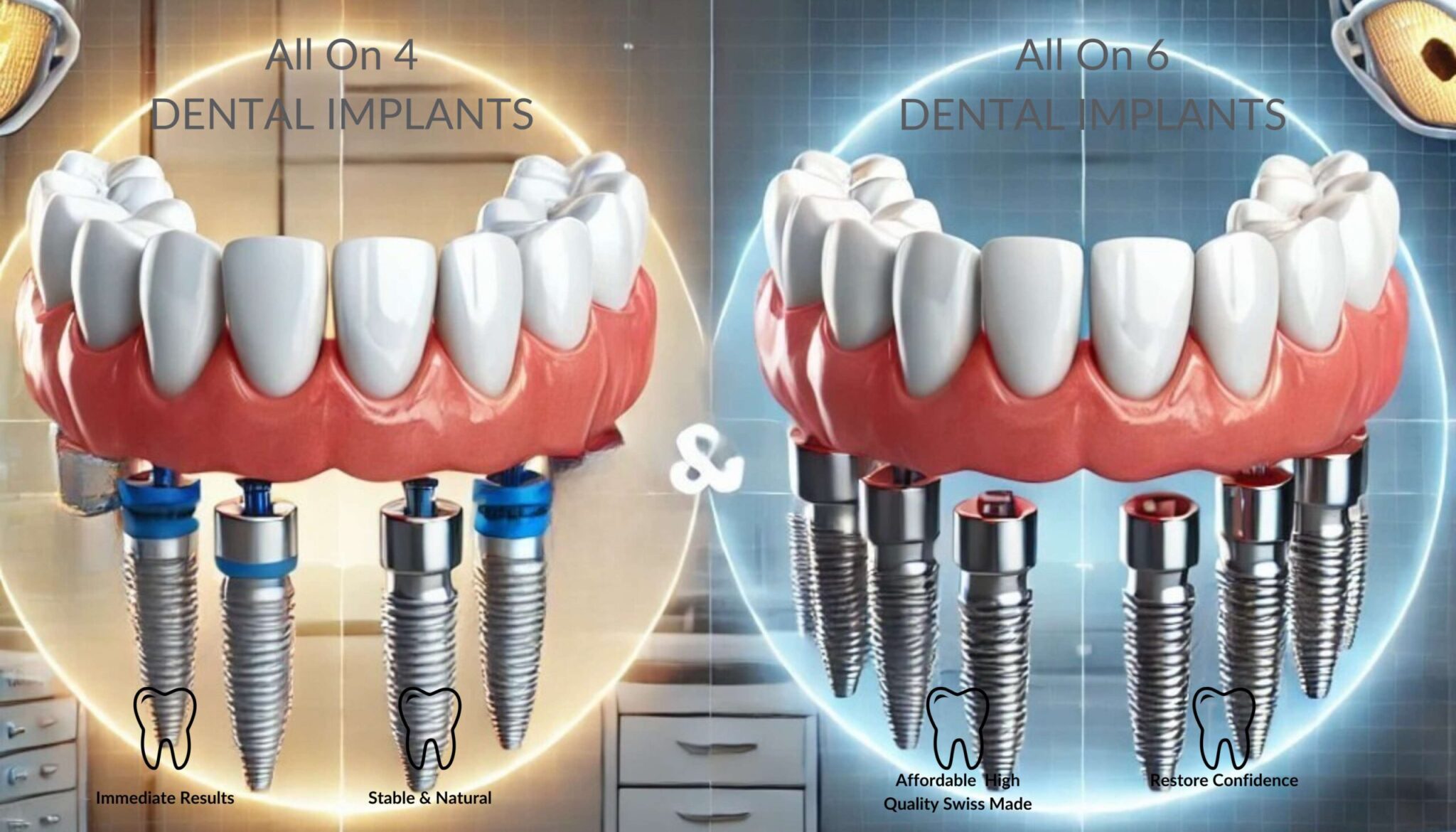 Comparison of All on 4 and All on 6 dental implants, featuring a 3D-rendered model with strategically placed implants in a modern dental clinic setting.