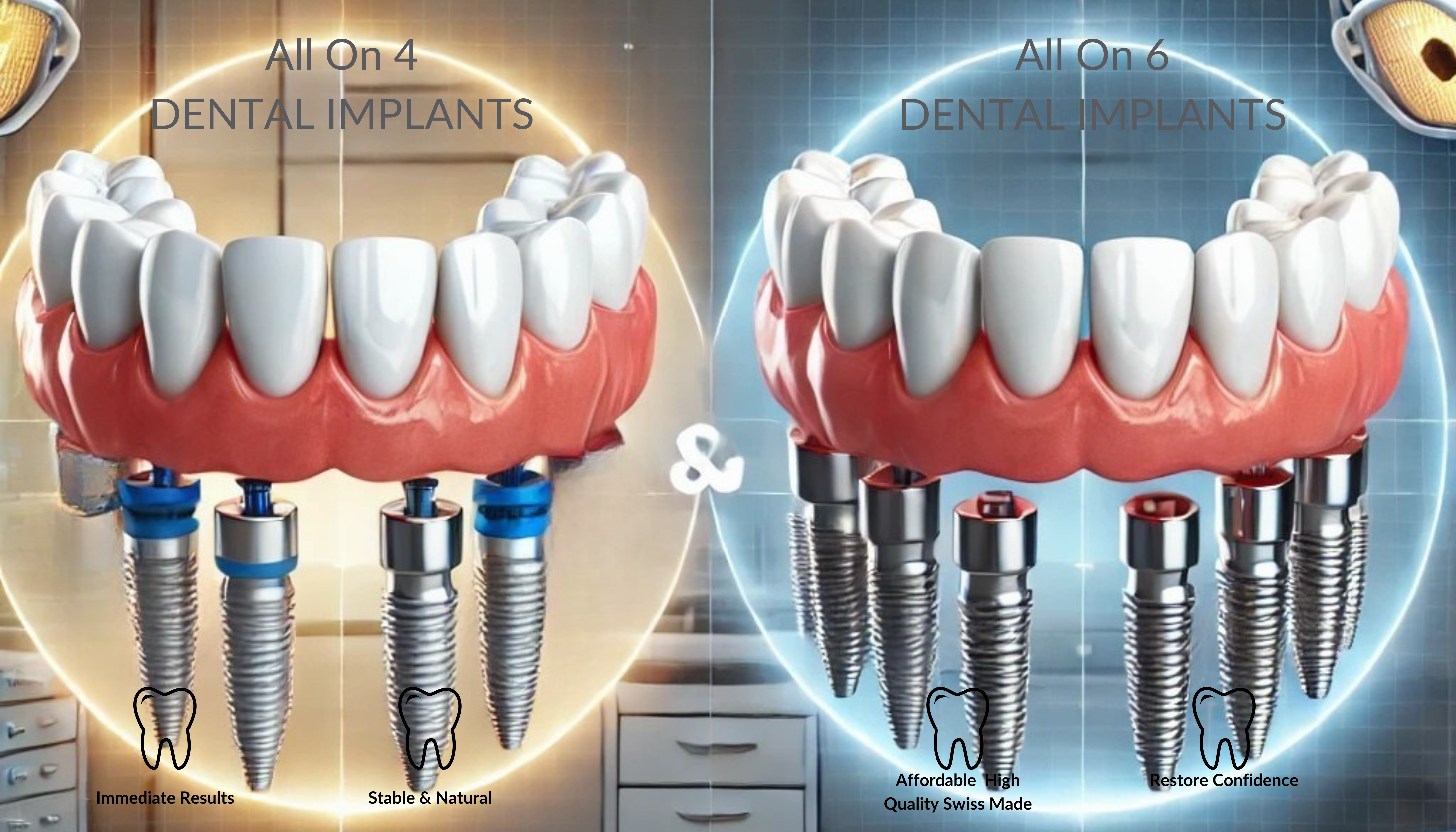 Comparison of All on 4 and All on 6 dental implants, featuring a 3D-rendered model with strategically placed implants in a modern dental clinic setting.