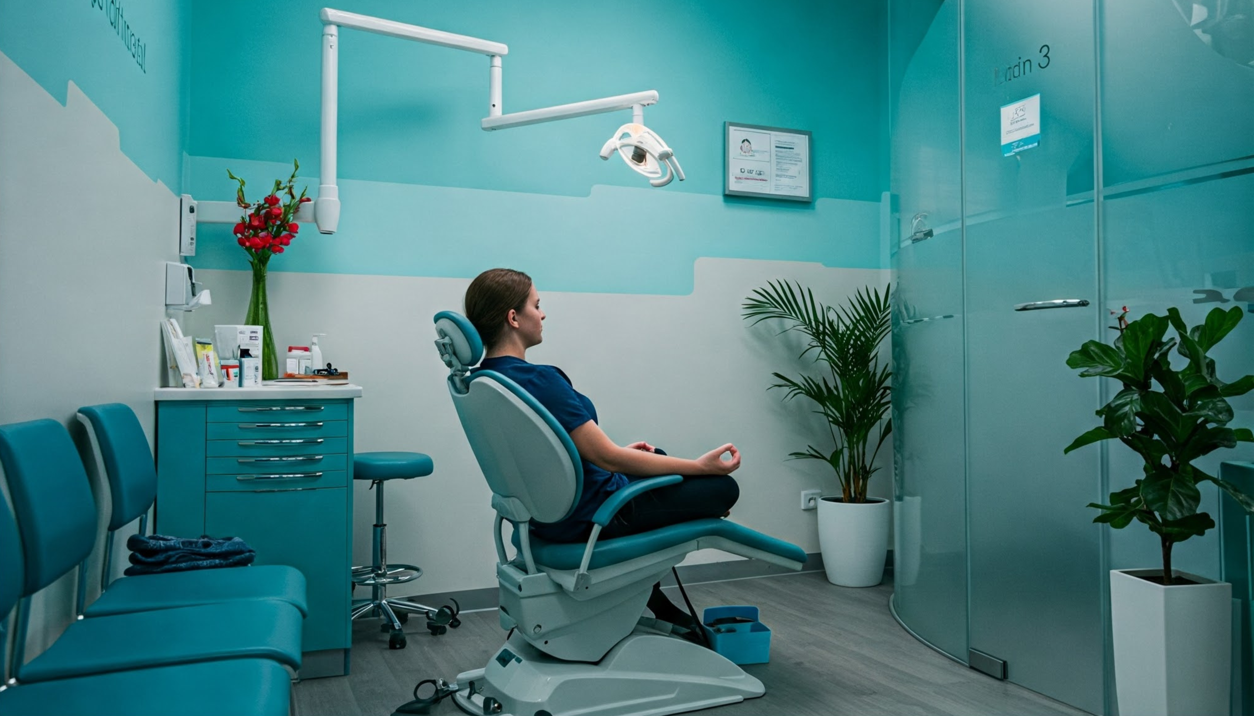 Woman meditating in a dental chair