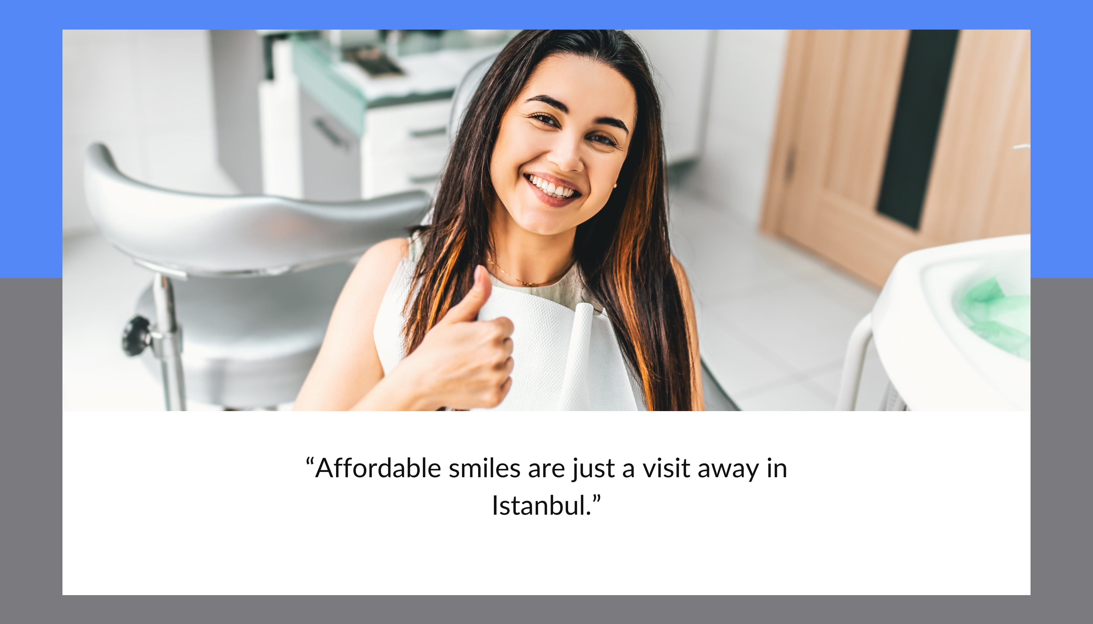 A happy woman with a bright smile giving a thumbs-up while sitting in a dental chair, wearing a dental bib in a modern clinic.