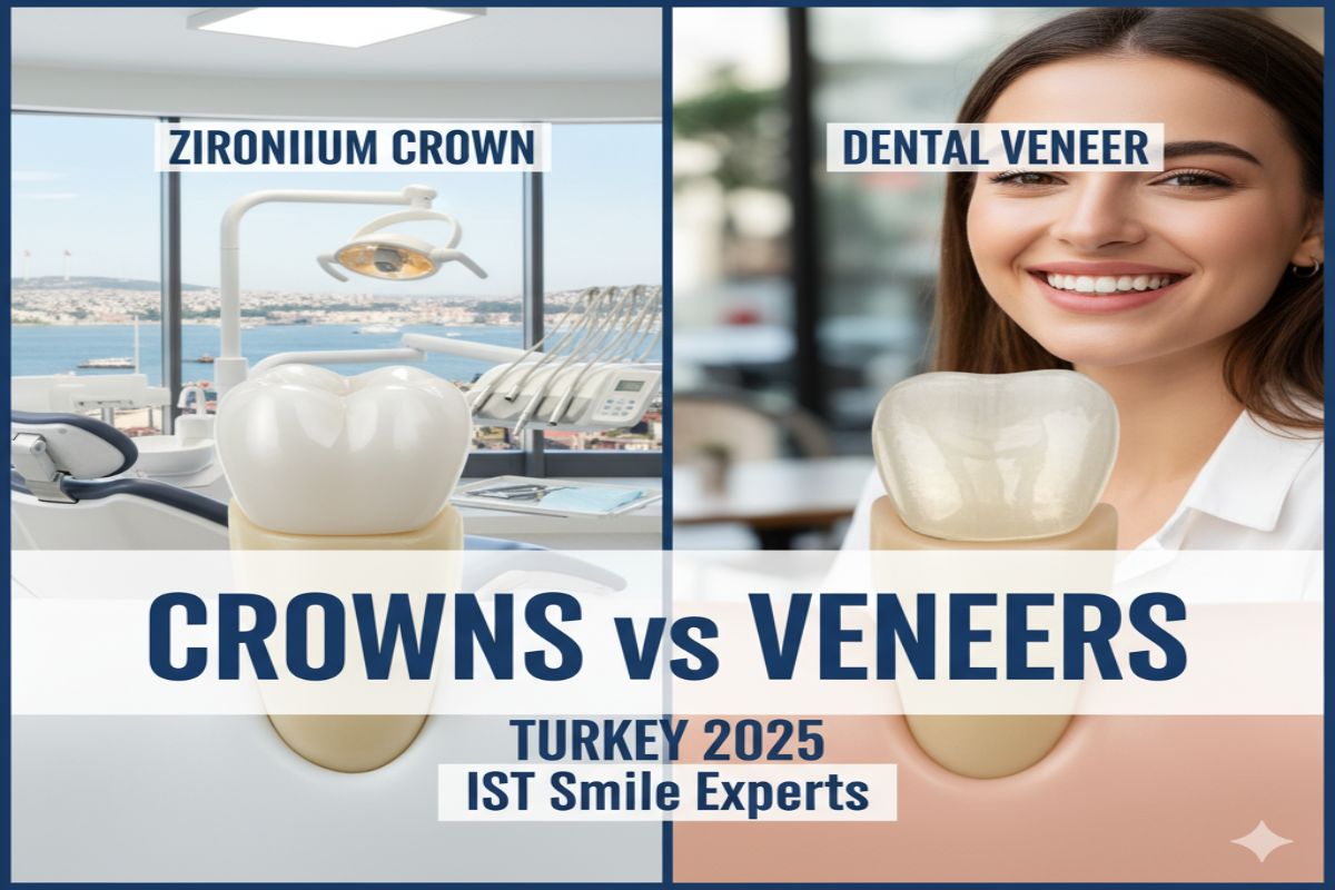 A split image showing a Zirconium Crown in a modern dental clinic with an Istanbul view, and a Dental Veneer with a smiling patient, comparing "Crowns vs Veneers Turkey 2025" for IST Smile Experts.