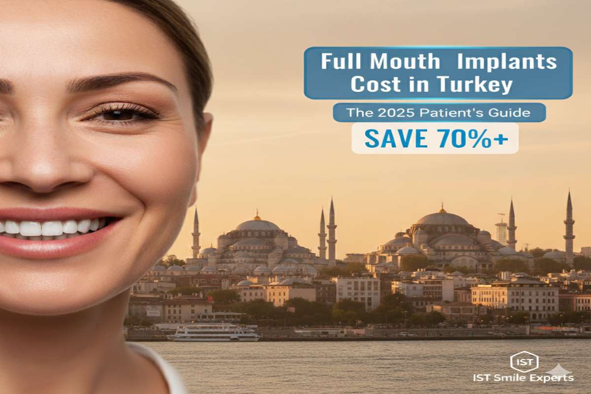 A woman with a perfect smile after getting full mouth dental implants in Turkey, with the Istanbul skyline in the background.