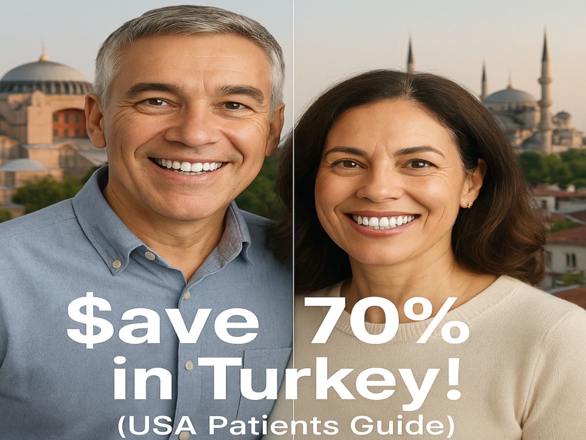 A middle-aged American couple smiling confidently with perfect teeth, standing before a softly blurred background of Istanbul landmarks like the Hagia Sophia and Blue Mosque. The image includes text that reads “$ave 70% in Turkey! (USA Patients Guide),” promoting affordable dental care in Turkey with a clean, modern design.