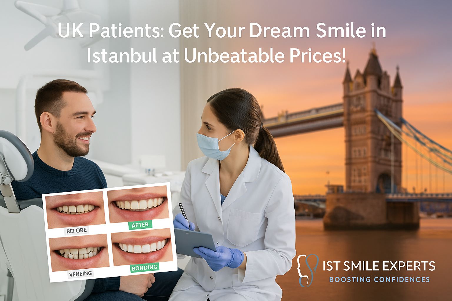 UK patient discussing affordable dental treatment options like implants and bonding during a consultation at IST Smile Experts in Istanbul, showcasing quality before & after results, highlighting unbeatable prices.