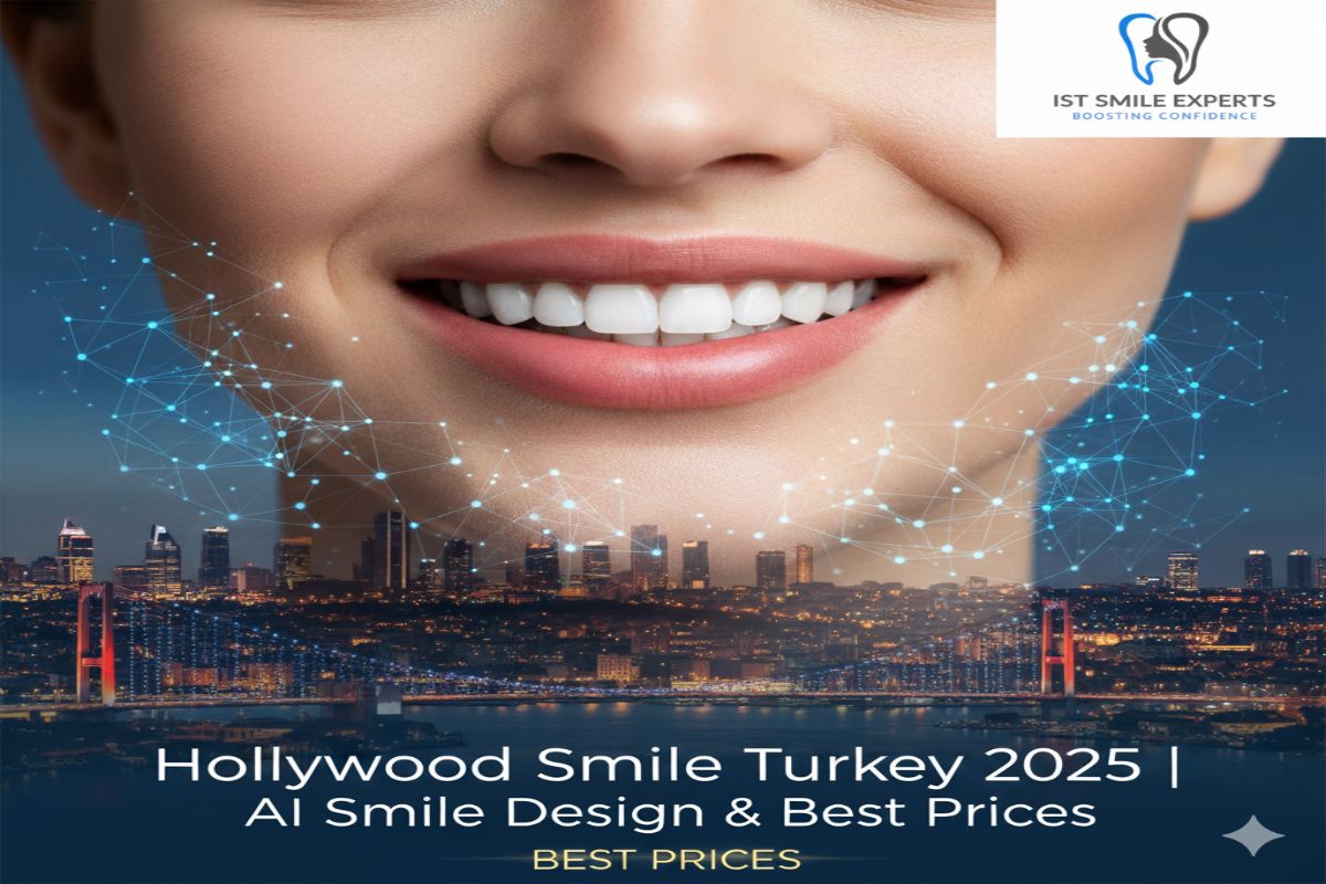 A woman showcasing a perfect Hollywood Smile from IST Smile Experts in Turkey, with futuristic graphics representing the clinic's AI Smile Design technology for 2025.