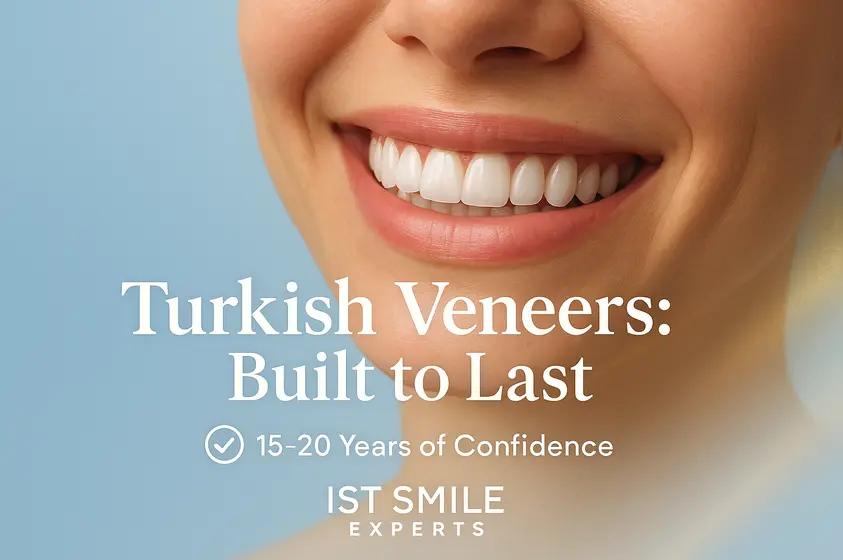 High-quality close-up image of Turkish dental veneers showing a bright, natural-looking smile with healthy gums. The photo highlights the durability and premium quality of veneers made in Turkey, set against a smooth blue-and-gold gradient background. Text on the image reads “Turkish Veneers: Built to Last – 15–20 Years of Confidence,” with the IST Smile Experts clinic logo at the bottom.