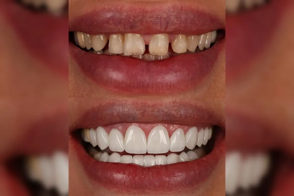 Before and after Zirconia Crowns smile makeover in Turkey closing large gaps (diastema) and correcting yellow discoloration. High translucency Zirconium result by IST SMILE EXPERTS Istanbul.