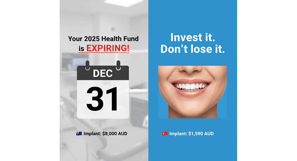 Dental Work Turkey Australian Reviews comparison graphic showing cost savings for expiring 2025 health fund.