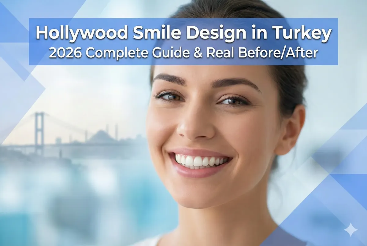 Official cover for Hollywood Smile Design Turkey 2026 guide showing a perfect smile makeover result with Emax veneers, featuring the Bosphorus Bridge Istanbul background - IST SMILE EXPERTS.