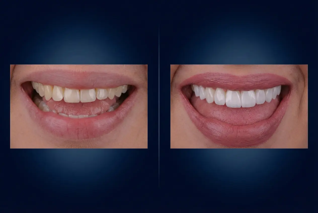 Before and after smile transformation at a dental clinic in Istanbul showing zirconia veneers with natural lip texture on deep navy luxury background.
