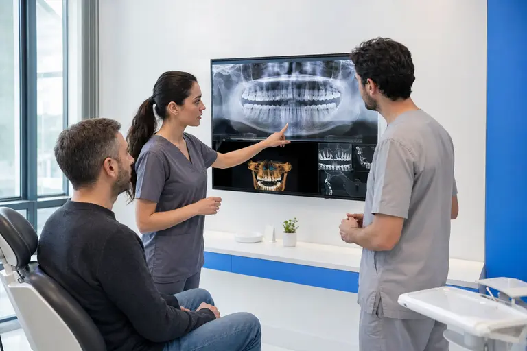 IST Smile Experts Clinical Team reviewing a panoramic dental X-ray with an international patient during a dental treatment safety assessment in Istanbul, Turkey.