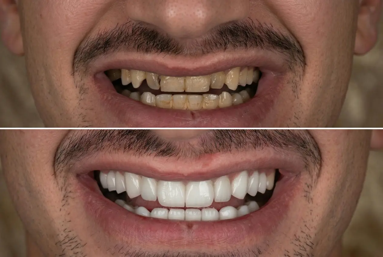 Close-up of a male patient displaying a perfect Hollywood Smile in Turkey with bright white veneers, using a black dental contrastor to highlight tooth shape and whiteness.