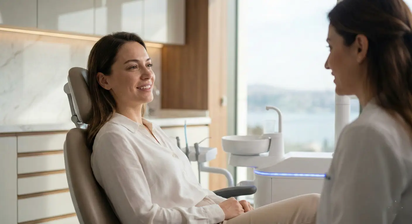 International patient with natural smile in a modern dental clinic, representing comfort, aftercare, and long-term results of zirconium crowns