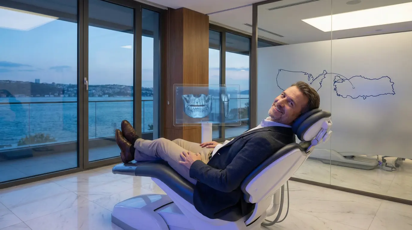Dental implants in Turkey compared to USA for US patients, showing a modern Istanbul clinic and premium implant planning