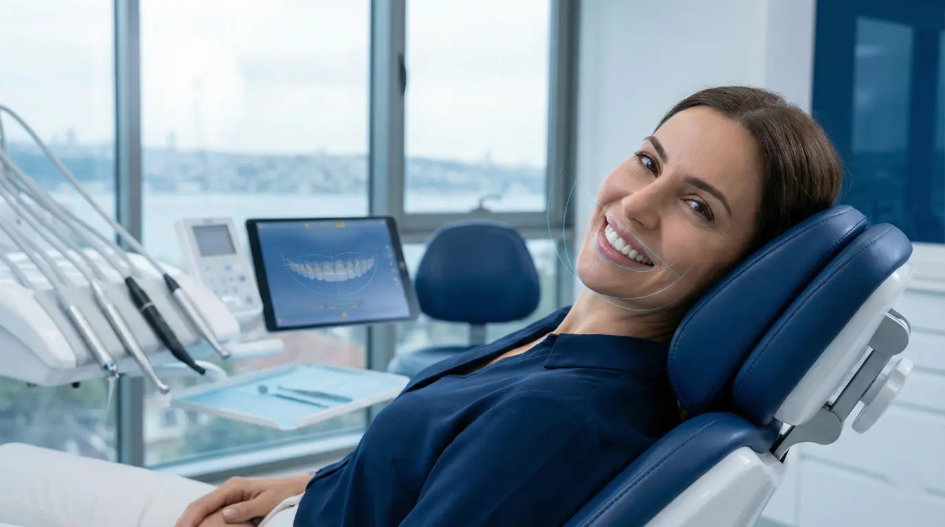 Dental veneers in Turkey for US patients showing a natural smile and premium ceramic veneer design in a modern Istanbul clinic