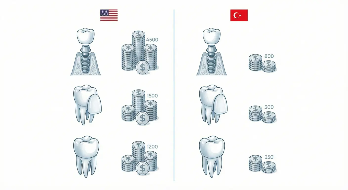 Dental work in Turkey vs USA cost comparison in USD for implants veneers and crowns