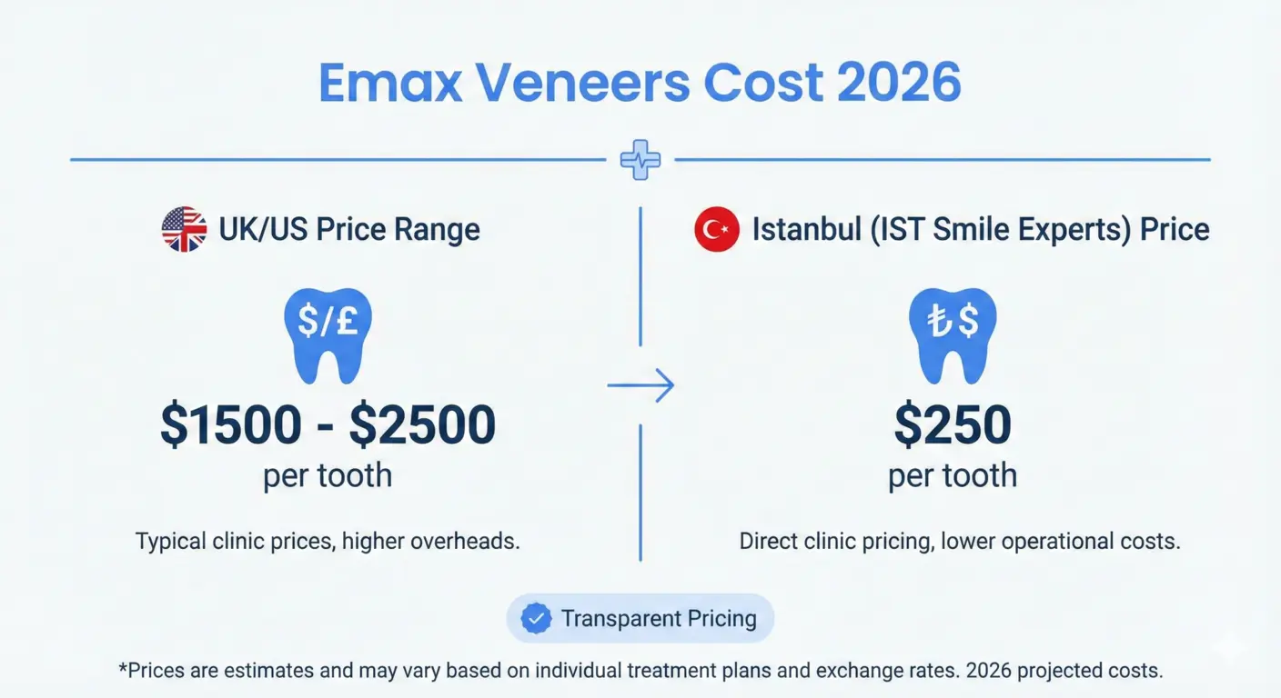 Emax veneers Turkey cost comparison 2026 versus UK and US prices (Istanbul)