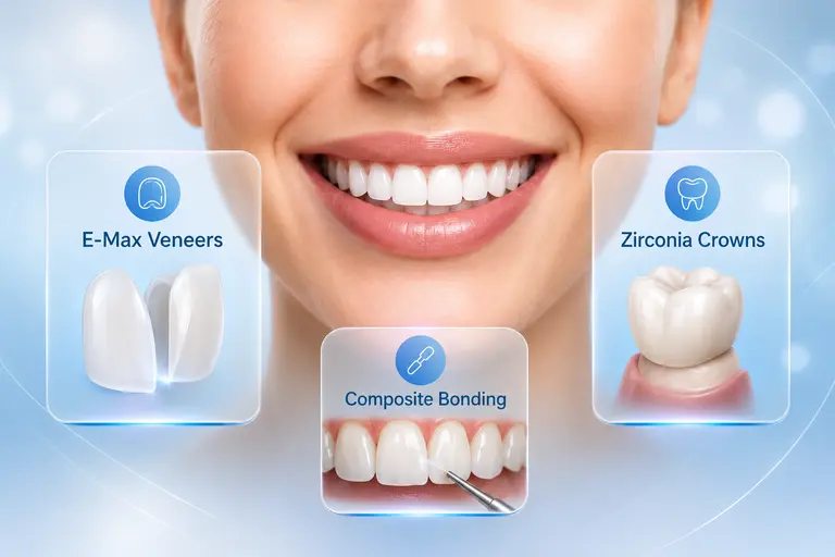 Comparison hero image showing E-Max veneers, zirconia crowns and composite bonding options for choosing the right cosmetic dental treatment in Turkey.