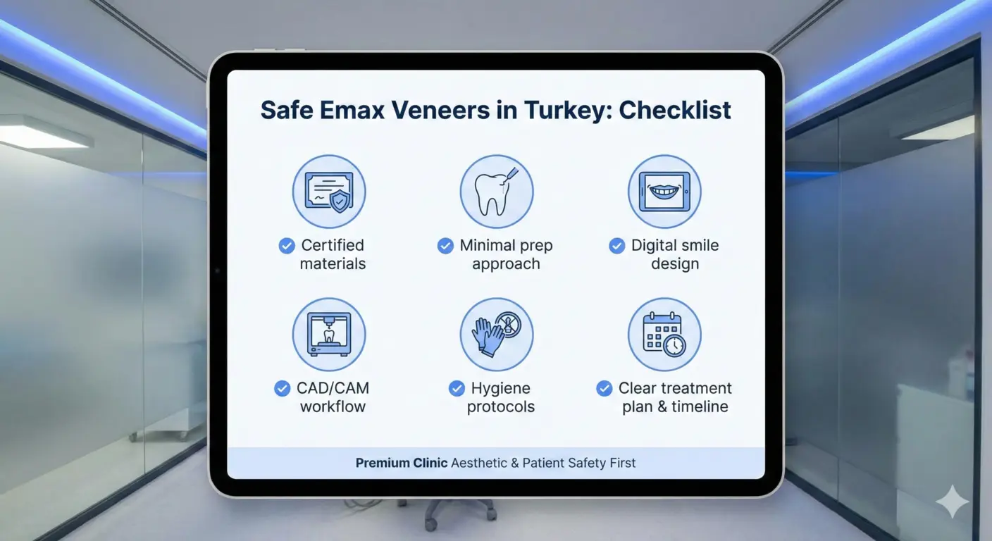 Safe Emax veneers in Turkey checklist including certified materials and minimal prep