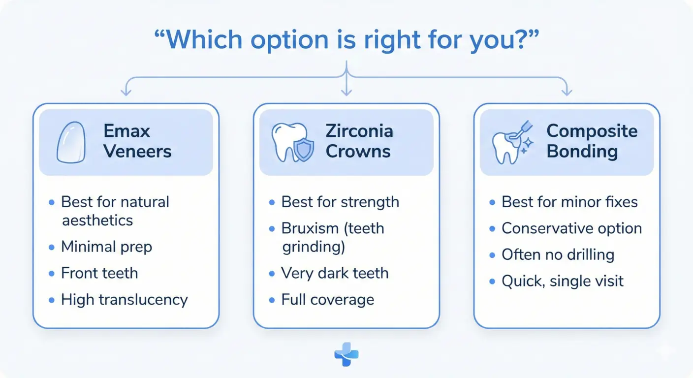 Decision guide infographic: Emax veneers vs zirconia crowns vs composite bonding