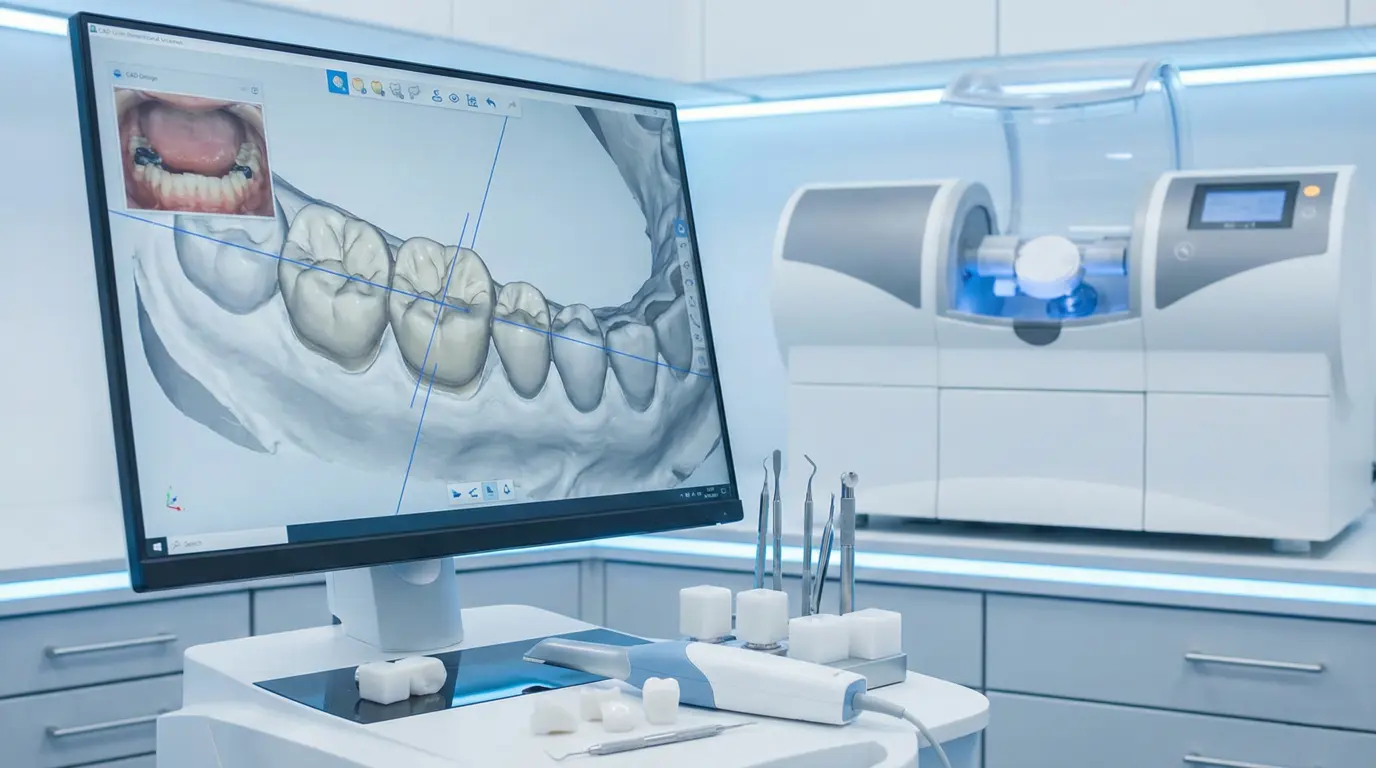 Digital CAD CAM workflow for zirconia crowns in Turkey, showing precise crown design and fabrication for US patients