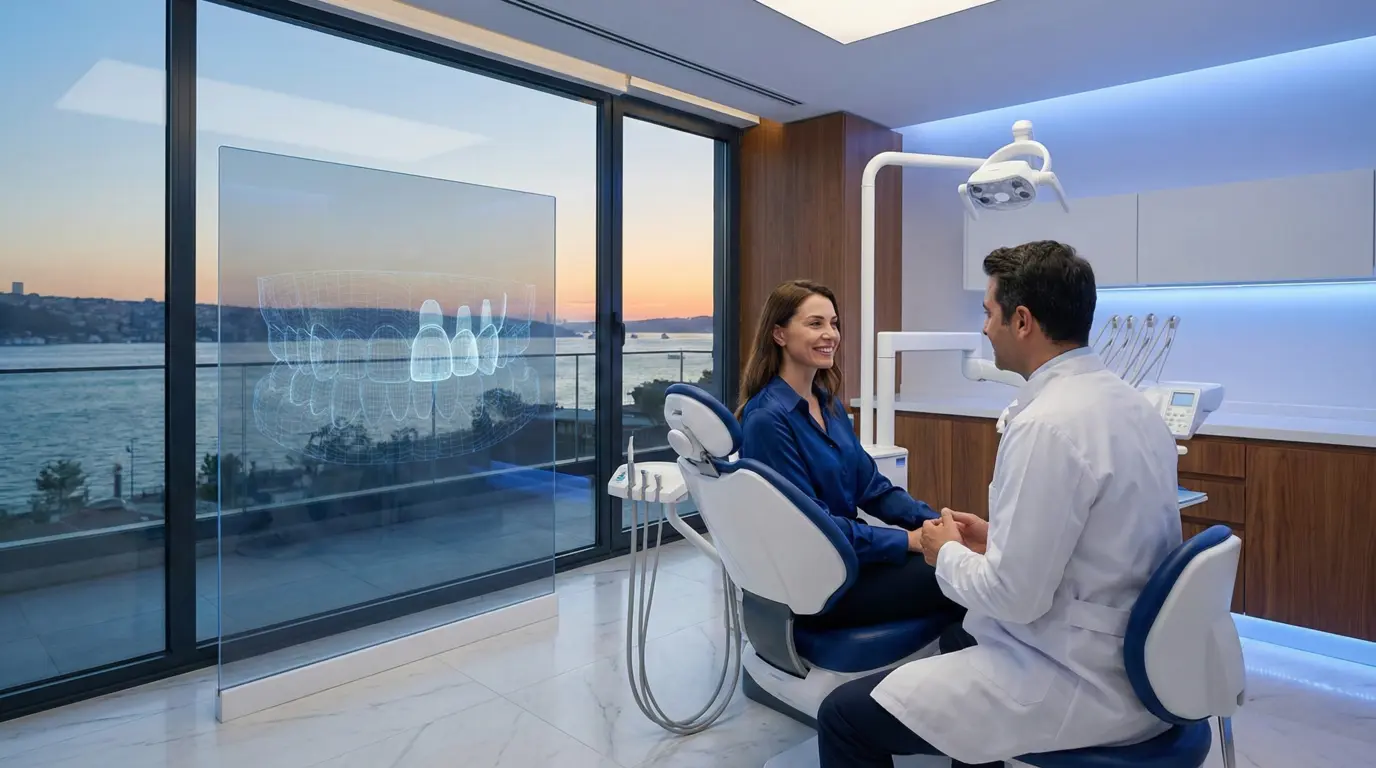 Zirconia crowns in Turkey for US patients showing a natural smile and high-quality ceramic dental restoration in a modern Istanbul clinic