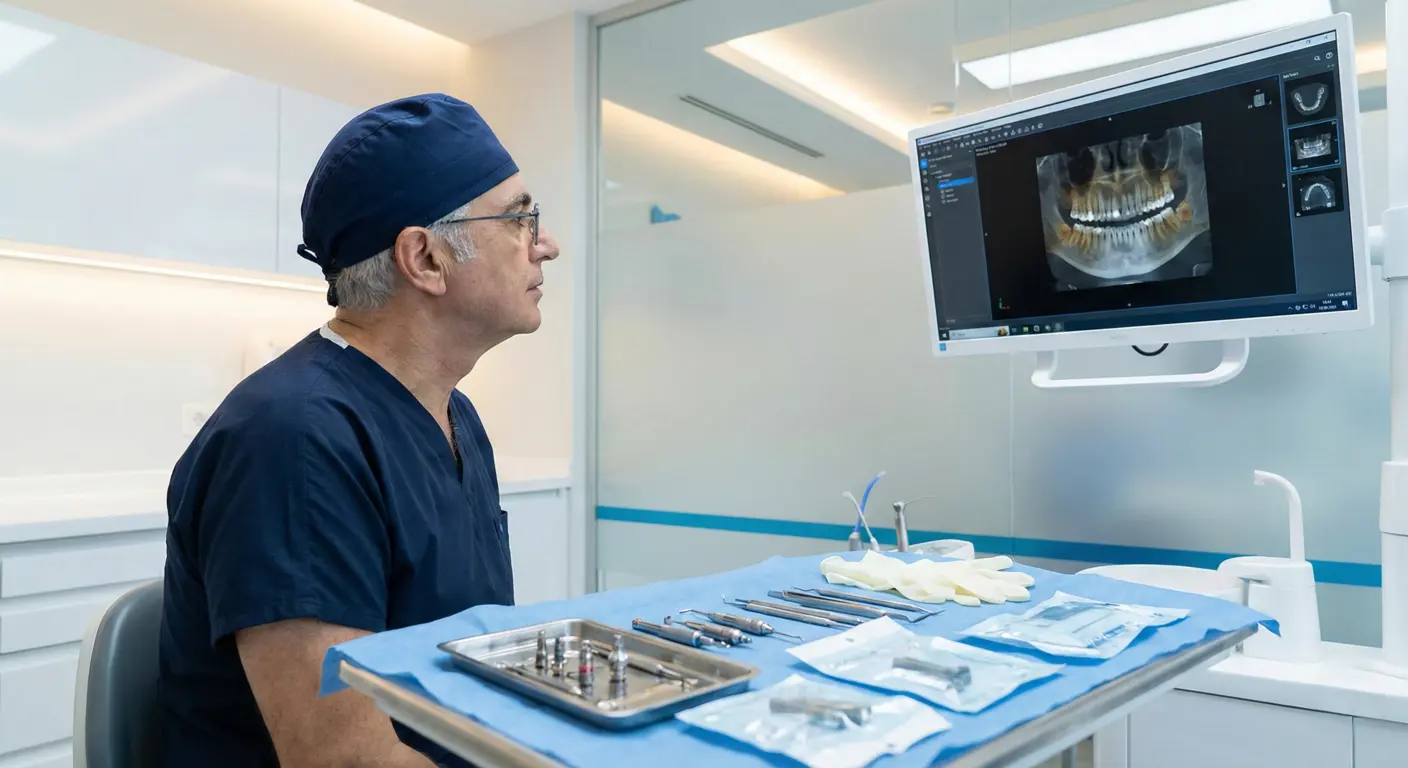 Dentist reviewing CBCT 3D scan in a sterile clinic as part of a dental implants Turkey safety checklist (IST Smile Experts, Istanbul).