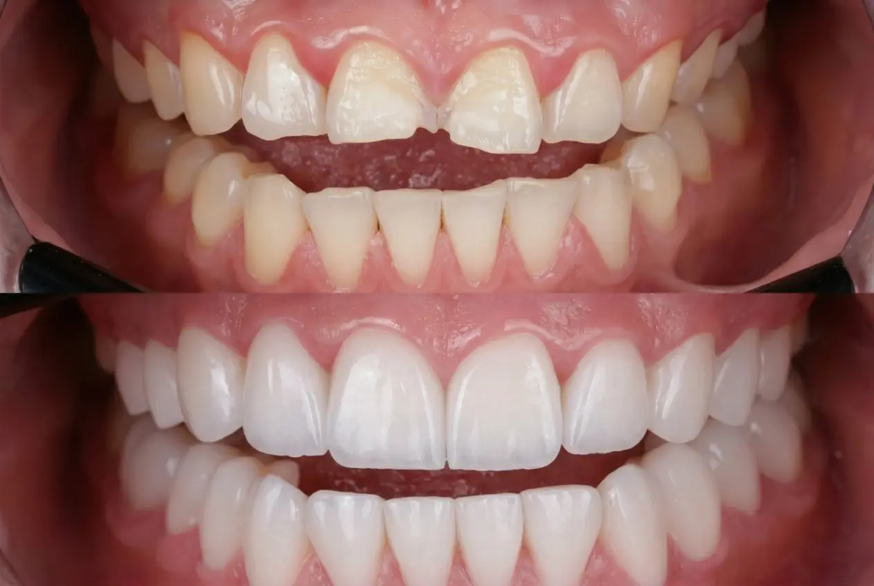 Clinical before and after Emax veneers in Turkey demonstrating natural smile design, minimal prep technique, and realistic enamel translucency (2026)