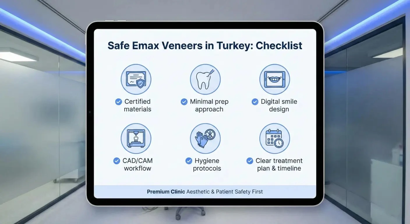 Safe Emax veneers in Turkey checklist including certified materials and minimal prep