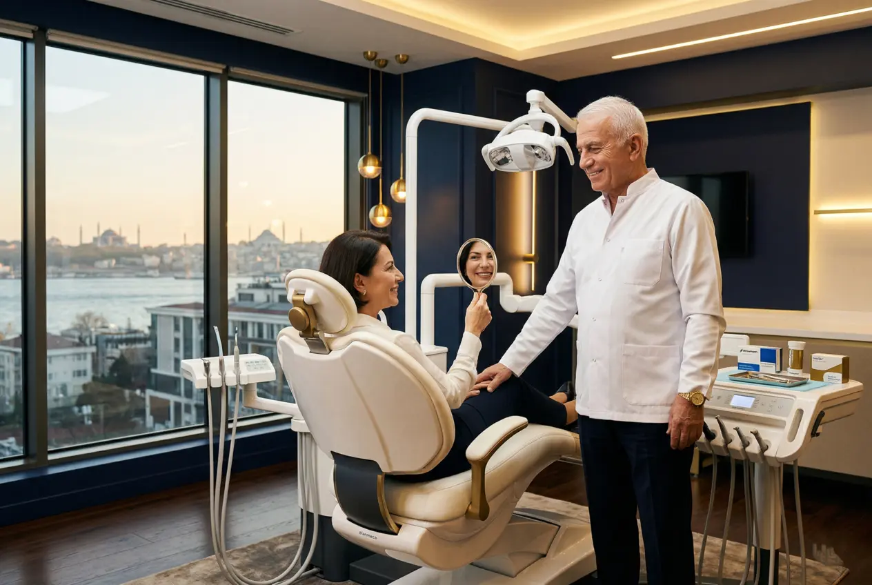 Senior dentist performing smile consultation with Canadian patient at IST Smile Experts Istanbul, showcasing premium dental clinic environment, Bosporus view, and medically guided smile makeover approach