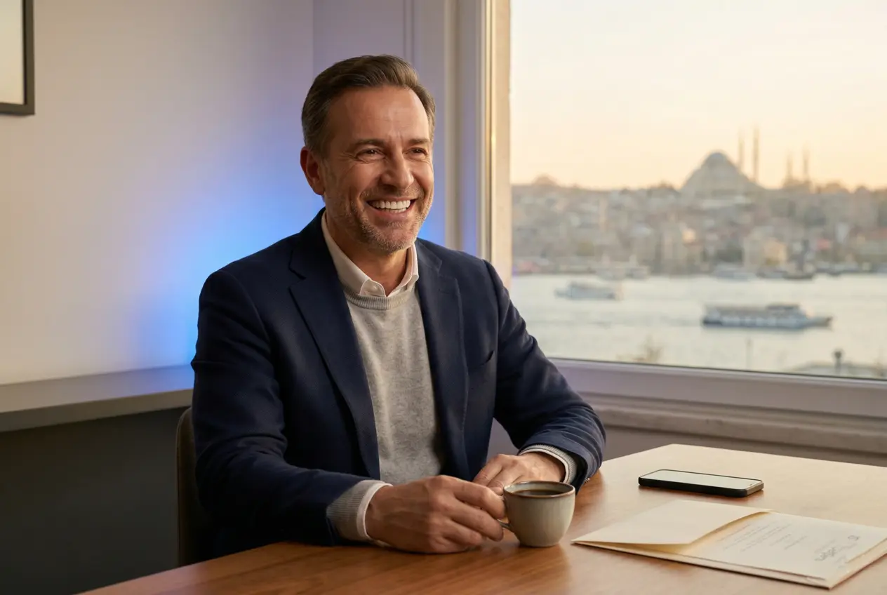 Canadian patient smiling with full-arch All-on-4 fixed zirconia bridge at IST Smile Experts Istanbul Turkey 2026