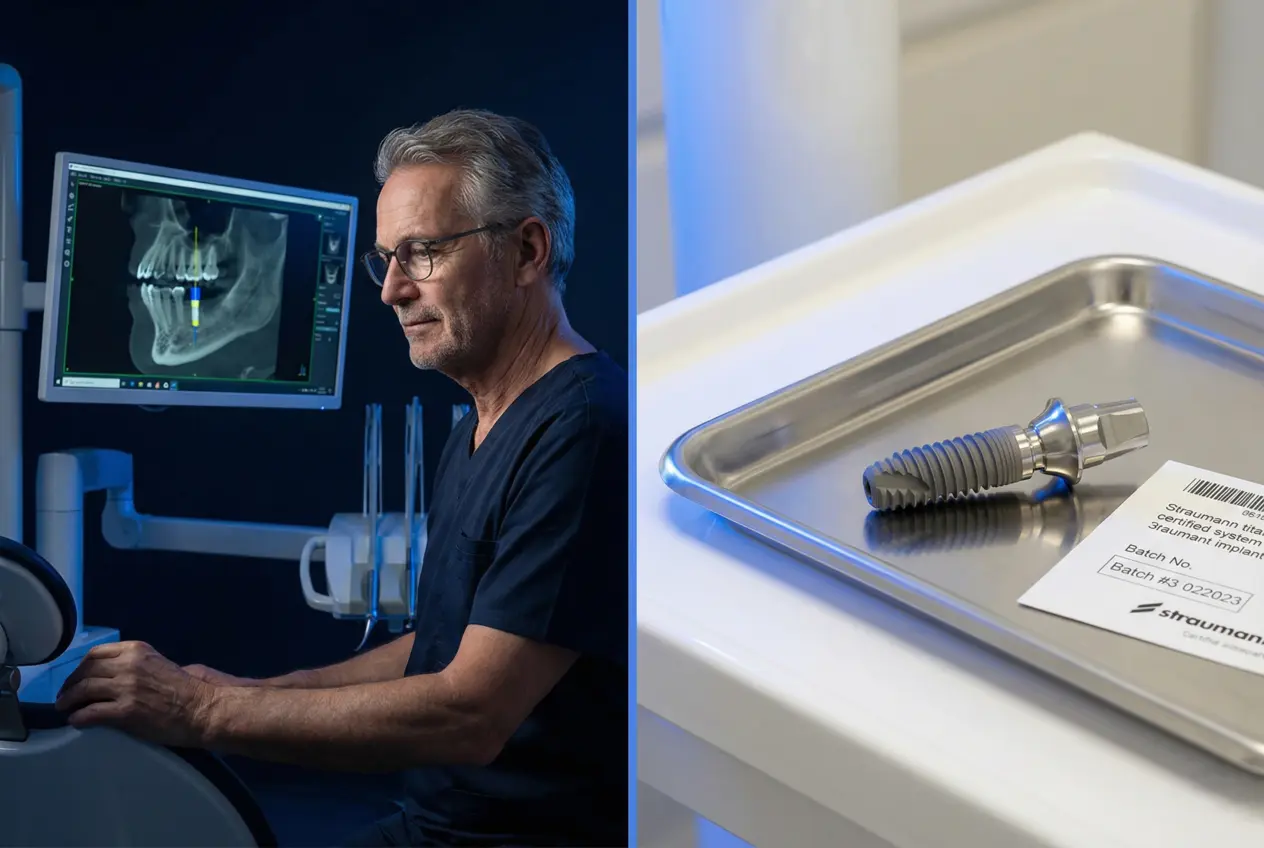 Senior dentist reviewing CBCT 3D scan with Straumann implant components at IST Smile Experts Istanbul Turkey