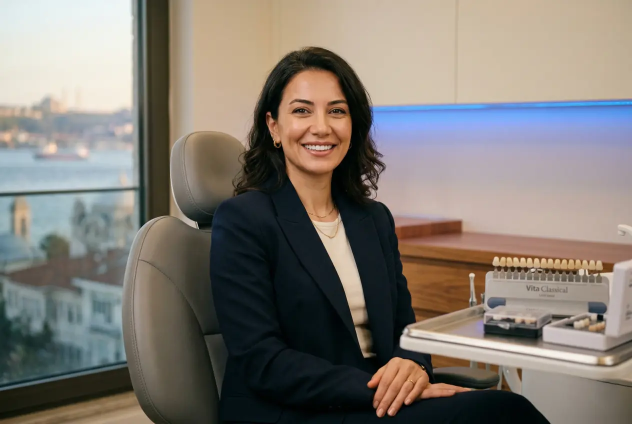 Woman smiling confidently with natural Ivoclar E-max veneers at IST Smile Experts dental clinic in Istanbul Turkey