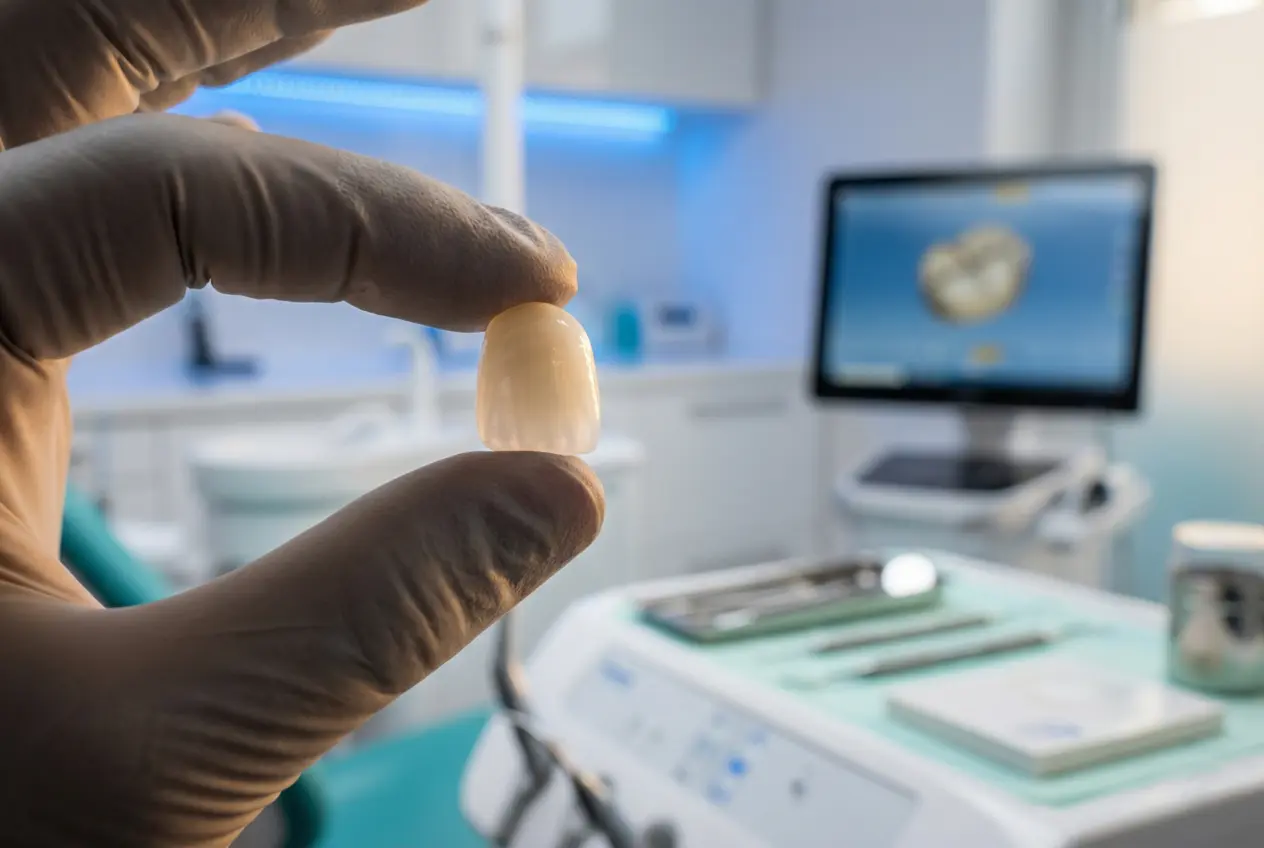 Ivoclar zirconium dental crown held by dental professional at IST Smile Experts Istanbul with CAD/CAM technology