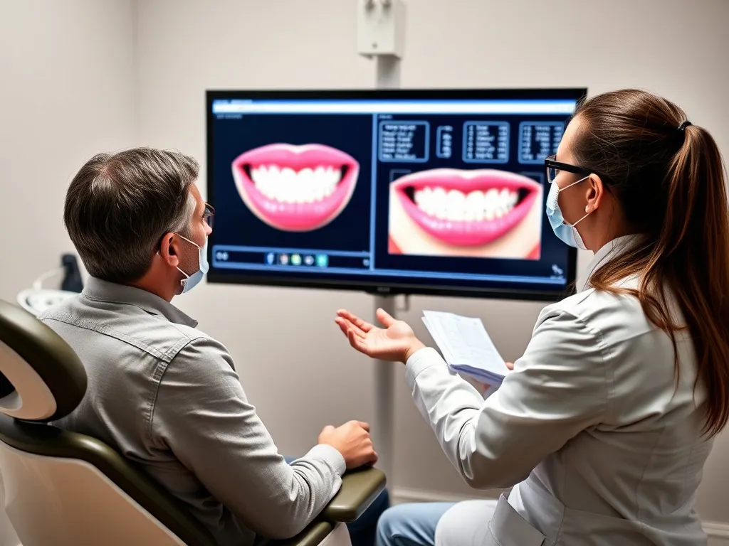 Patient reviewing digital mock-up of their smile on a large screen, dentist explaining treatment plan, professional interaction, realistic photo