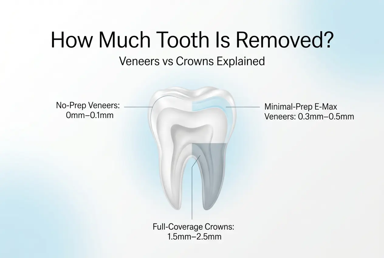 Premium dental cover image showing tooth preparation depth for veneers and crowns with a single tooth cross-section and minimal preparation labels.