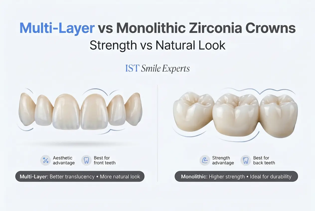 Comparison cover image showing multi-layer zirconia vs monolithic zirconia crowns, highlighting natural translucency for front teeth and stronger solid zirconia for back teeth at IST Smile Experts Istanbul.