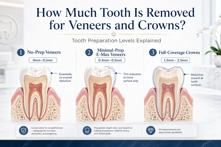 Detailed infographic showing no-prep veneers, minimal-prep E-Max veneers, and full-coverage crown preparation levels with tooth reduction measurements.