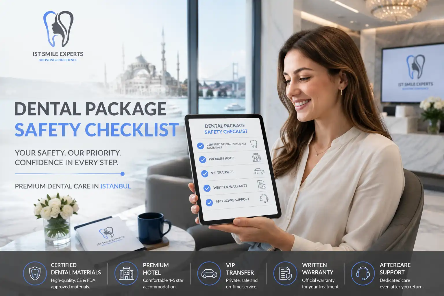 International patient comparing dental packages in Turkey with hotel transfers warranty and certified materials checklist