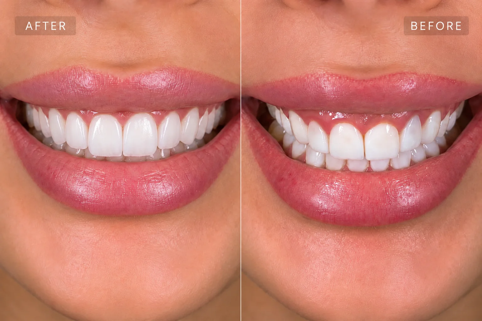 Before and after veneer replacement in Turkey showing correction of bulky uneven veneers with a more natural balanced smile result.